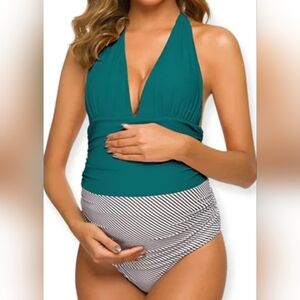 NWT. Ziola Teal and Striped Monokini Halter Neck Maternity Swimsuit - Large